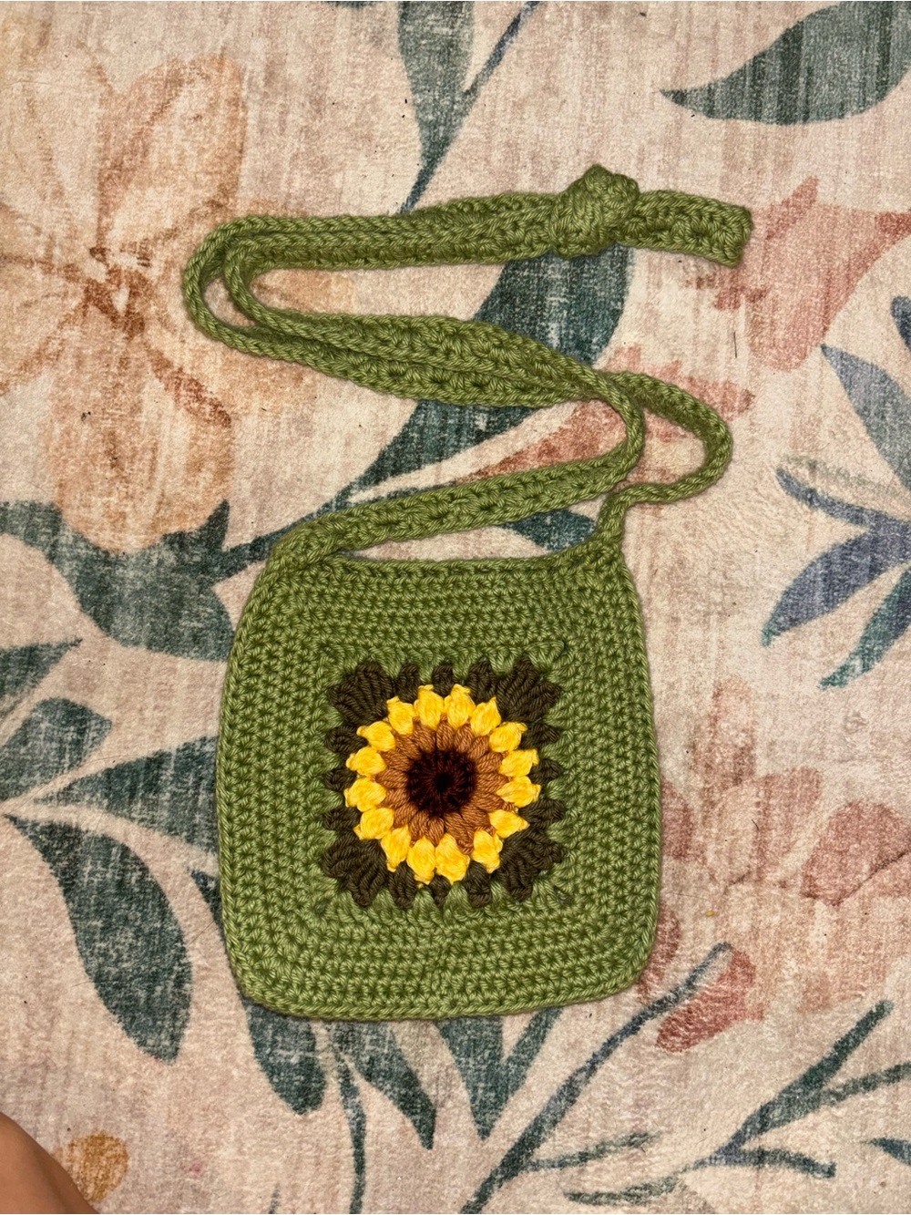 Handmade Green Crocheted Sunflower Crossbody Bag